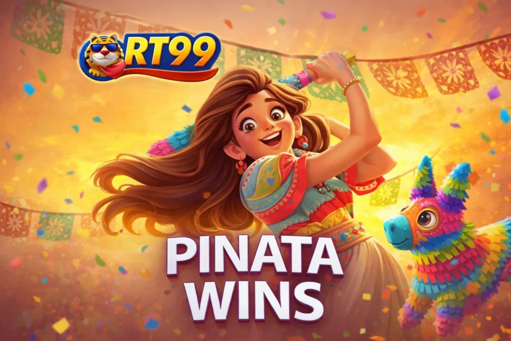 Boneka piñata warna-warni dan konfeti berjatuhan dalam permainan Piñata Wins di platform RT99.